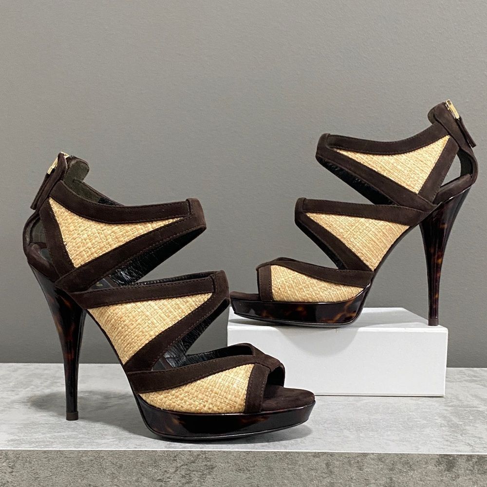 Fendi Chocolate Brown & Suede Basket Weave W/ Tortoise Shell Heels Size 37 US 7